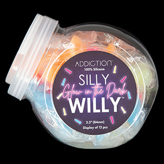 BMS Addiction Silly Willy glow-in-the-dark dildo, 3.3-inch display of 12, featuring realistic design and smooth texture.