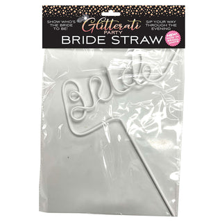 White novelty glitterati bride straw with decorative design, perfect for wedding celebrations and bridal parties.