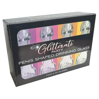 Set of four Glitterati novelty penis drinking glasses by CANDYPRINTS, featuring humorous and colorful designs.