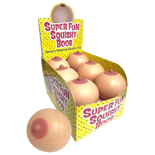 Colorful novelty squishy boobs display of 12 from LITTLE GENIE, soft, stretchy stress relief toys with playful design.