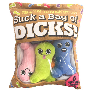 LITTLE GENIE Suck A Bag of Dicks plushy novelty pillow with humorous design, soft fabric, and colorful printed text.