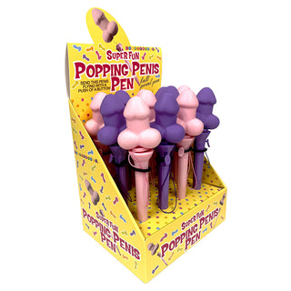 Colorful novelty popping penis pens by LITTLE GENIE, display of 12 fun and quirky pens with playful designs.