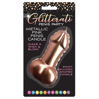 Metallic pink penis candle from LITTLE GENIE Glitterati novelty collection, featuring a shiny, decorative design.