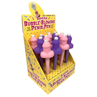Colorful novelty bubble-blowing penis pen by LITTLE GENIE, displayed with 12 pens in vibrant packaging.
