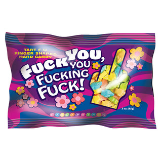 LITTLE GENIE Fuck You You Fucking Fuck 3oz bag of colorful candy with bold, provocative packaging on a white background.