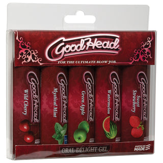 Assorted GoodHead 1oz edible sampler pack by Doc Johnson featuring five different flavored treats in colorful packaging.