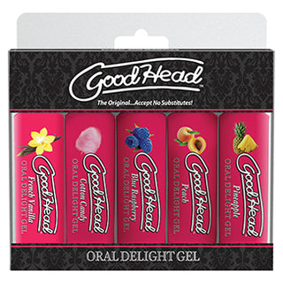 Five 1oz tubes of Doc Johnson GoodHead Oral Delight Gel enhancers in a 5-pack, displayed together in the image.