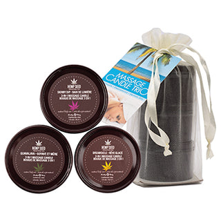 Earthly Body Massage Candle Trio 2oz set with three natural wax candles for relaxing massage and aromatherapy.
