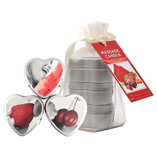 Earthly Body 4-in-1 edible massage candle trio in 2oz tins, featuring natural candles for massage and aromatherapy.