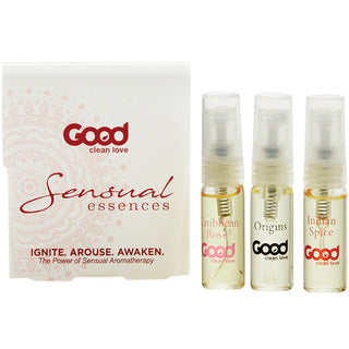 Set of Good Clean Love Sensual Essences body mists with floral and herbal scents in elegant bottles.