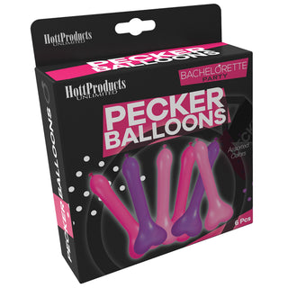 Assorted colorful Bachelorette Party Pecker Balloons from Hott Products, novelty party decorations in a 6-pack.