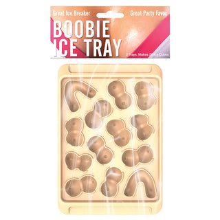 Hott Products Boobie Ice Cube Tray novelty silicone mold with breast-shaped ice cubes on a kitchen counter.