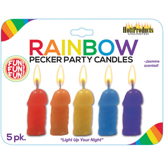 Colorful rainbow pecker party candles from Hott Products, assorted novelty candles for celebrations and fun events.