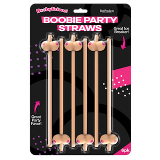Six vanilla-colored novelty boobie straws from Hott Products, playful drink accessories with a fun, breast-shaped design.