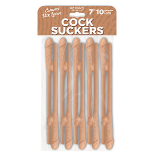 LITTLE GENIE Cock Suckers Pecker Straws in caramel color, novelty drinking straws with playful pecker design, fun for parties.