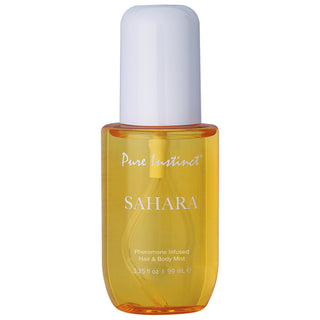 Pure Instinct pheromone body mist by Classic Brands, featuring a spray bottle with clear liquid and sleek packaging.