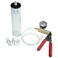 L.A. Pump Deluxe erectile dysfunction pump package with two 9-inch pumps, featuring clear cylinders and adjustable valves.