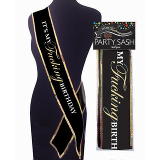 LITTLE GENIE It's My Fucking Birthday novelty sash with bold text, designed for birthday celebrations and fun party accessories.