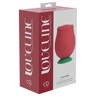 Loveline The Rose 10-speed air pulse vibrator with a red rose-shaped design, featuring multiple vibration settings for enhanced pleasure.