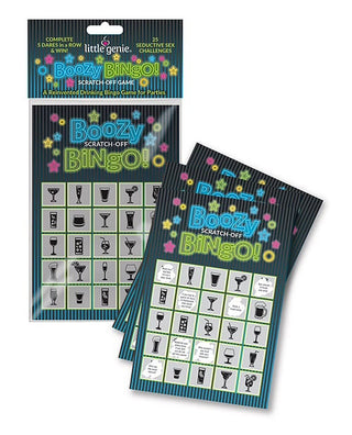 LITTLE GENIE Boozy Bingo scratch-off game with colorful cards and game pieces for fun party entertainment.