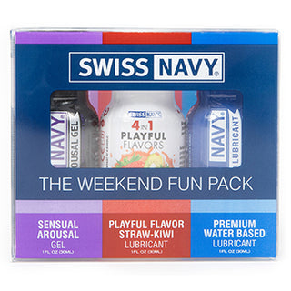 Swiss Navy Weekend Fun Pack lubricant set by MD Science featuring assorted personal lubricants in a compact package.