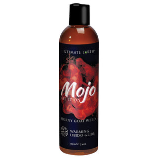 Intimate Earth Mojo Get It On Horny Goat Weed warming libido glide lubricant bottle with label, designed for intimate use.