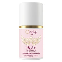 Orgie Hydra Intima Vulvar Moisturizer Cream in a white tube with blue accents, designed for intimate skin hydration and care.