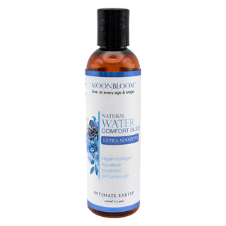 Intimate Earth MoonBloom Water 4oz lubricant bottle, clear liquid lubricant for intimate use, shown in a white and blue bottle