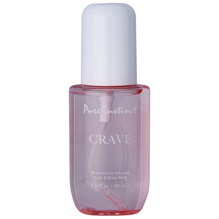 Pure Instinct pheromone body mist by Classic Brands in a spray bottle, designed for hair and body fragrance.