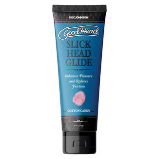 Doc Johnson GoodHead Slick Head Glide lubricant in 4oz bottle with cotton candy scent, smooth and moisturizing for enhanced comfort.