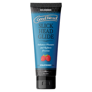 Doc Johnson GoodHead Slick Head Glide lubricant in 4oz bottle with strawberry flavor, smooth and hydrating for oral pleasure.