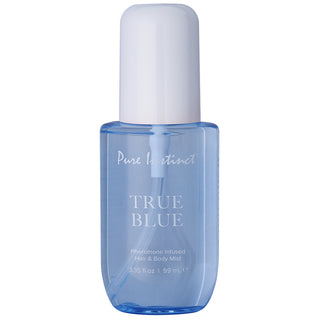 Classic Brands Pure Instinct pheromone body mist spray with a true blue bottle, designed for hair and body scent enhancement.